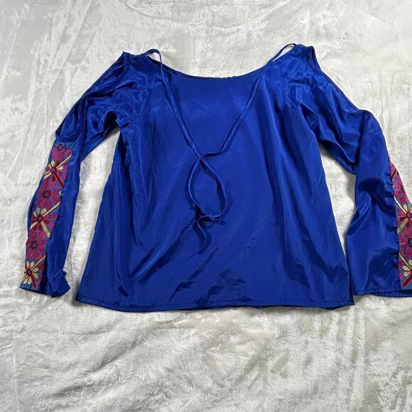 Judith March Blouse Womens Large Blue Embroidered Boho Long Sleeve‎ Polyester - Picture 1 of 10